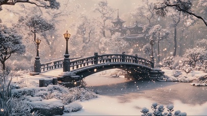 冬日湖畔古桥浪漫风景