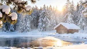 雪景树木房屋双屏