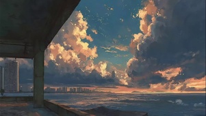 港风城市海边傍晚落日