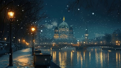 雪夜静谧欧洲小镇街道