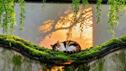 墙头上午睡猫咪