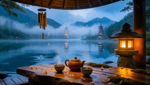 国风雨景湖面