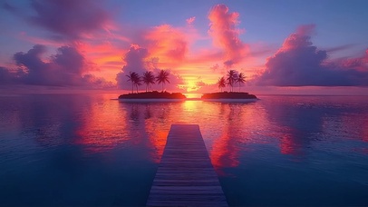 梦幻晚霞海面栈桥