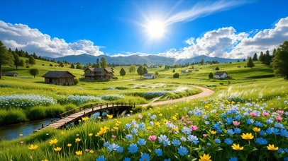 护眼蓝天白云树木河流