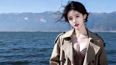 湖边吹风女孩