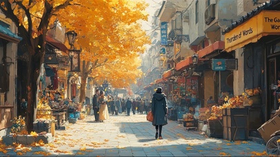 秋日热闹小镇集市商店