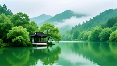 清新山水湖泊亭子