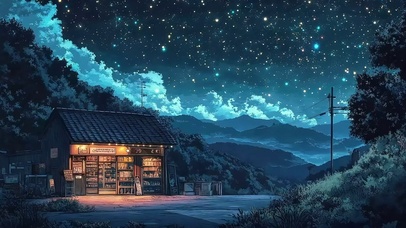 夜晚星空山下温馨商店