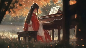 秋日国风汉服弹琴少女