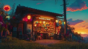 傍晚黄昏温馨草坪商店