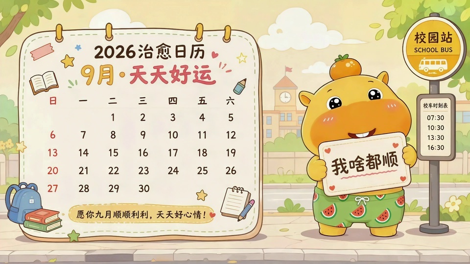 校园公交站旁摆放着2026年9月治愈日历，穿西瓜短裤的黄橙卡通小动物举着写有“我啥都顺”的标牌。