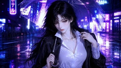 赛博雨夜都市撑伞美少女