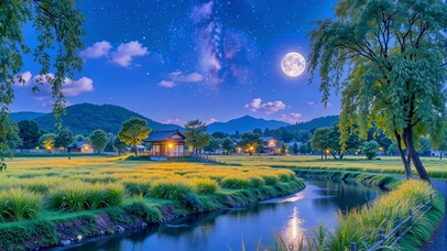 唯美乡村田野夜景小溪
