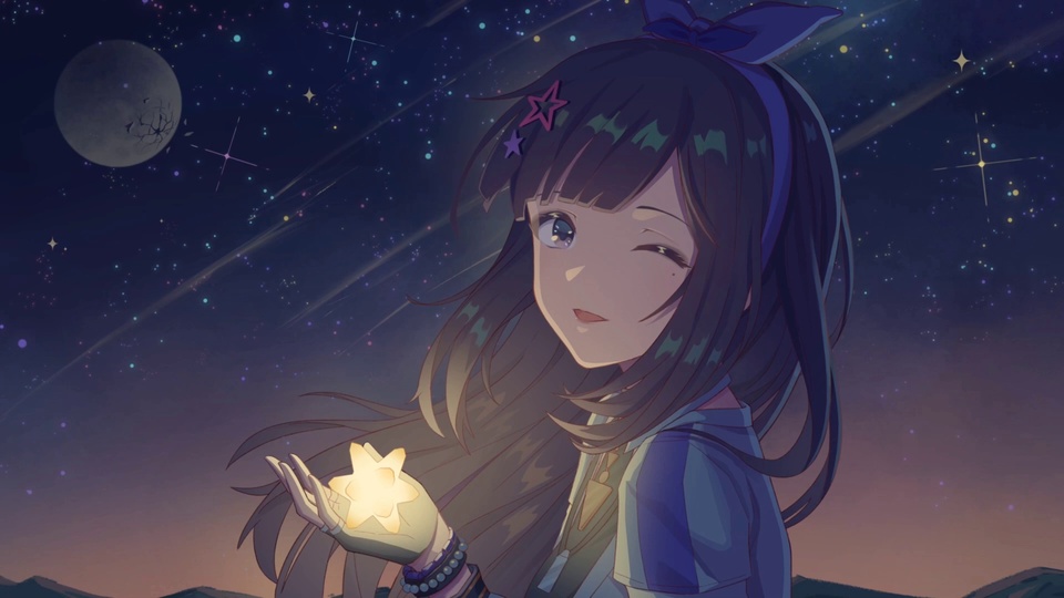 紫发少女单眼wink掌心托发光星星，背景为布满流星的渐变暮色星空。