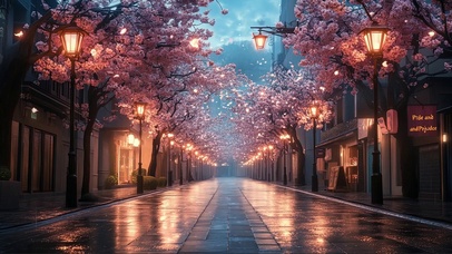 雨夜城市静谧樱花街道