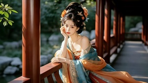 在廊亭小憩的唐装古风美女