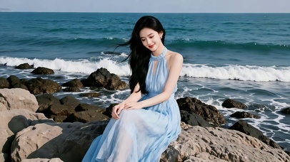 海边石滩上的蓝色纱裙长发美女