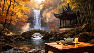 秋天山谷瀑布亭子