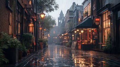 阴天商店街道的雨景