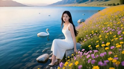 湖畔石滩绿野花草丛间的白衣美女