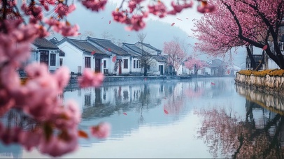 春日徽派湖畔水乡风景