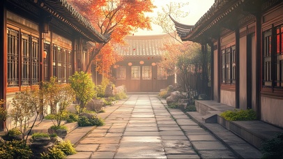 秋日古风庭院建筑景观