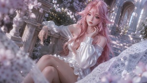 樱花庭院粉发白裙美女