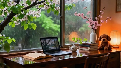窗边看书听雨
