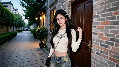 仿古别墅门前的牛仔裤美女1