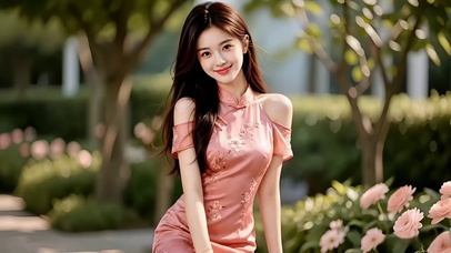花丛前的粉色旗袍美女