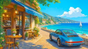 唯美插画海边小店
