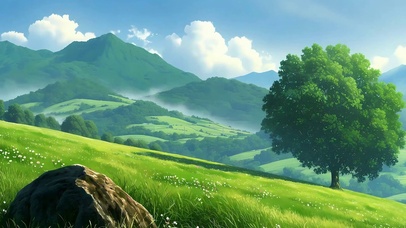 唯美治愈蓝天白云树木草地