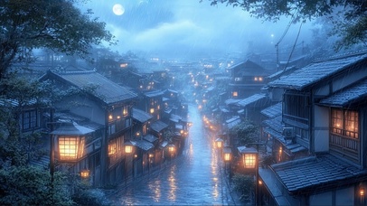 雨天古镇静谧傍晚风景