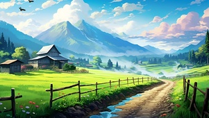 自然小屋风景插画