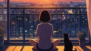 女孩与猫咪带鱼屏