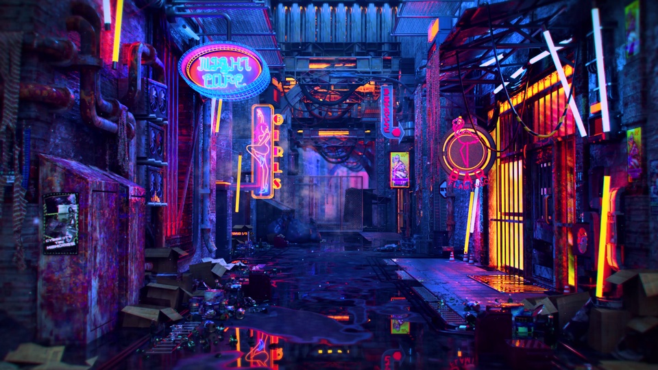 雨夜工业小巷挂满多彩霓虹，湿滑积水地面倒映灯光，远景笼罩蓝紫薄雾。