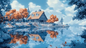 幽蓝郊外湖畔森林木屋