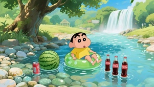夏日小河流水游泳小新