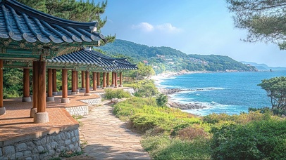 蓝天阳光海岛海岸古建