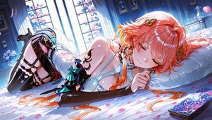 卧室趴卧的粉发二次元美少女