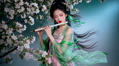 花树下吹长笛的古风汉服美女