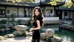 古典园林池塘边的旗袍美女