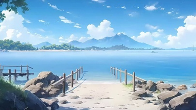 蓝天白云海景树木