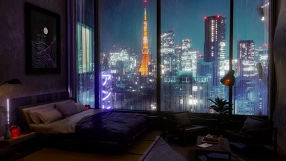 4K都市夜景房间大雨