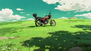 阳光清新绿色草原摩托