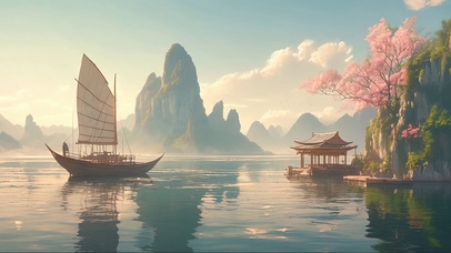 海岛樱花古亭帆船