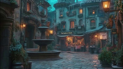 静谧夜晚小镇喷泉建筑