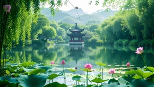 绿色护眼山水荷花亭子