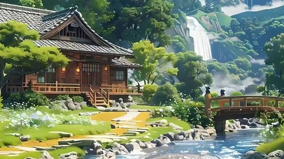 白云树木房屋河流景色带鱼屏