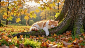 秋日暖阳下酣睡的橘猫